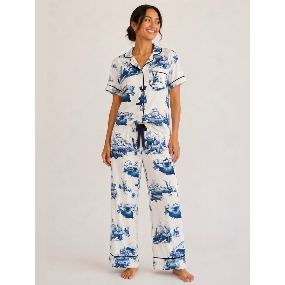 Katie Kime Pajamas Set Apres Ski Toile Blue White Cotton Pajama Set Size Medium